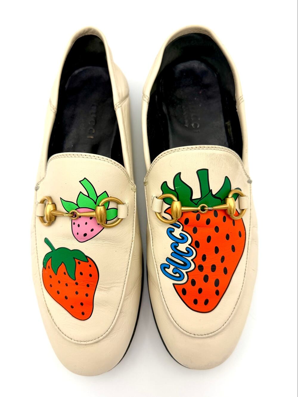 Gucci Brixton Strawberry Loafer Cream Red Leather Size 34.5 / 4.5 Horsebit